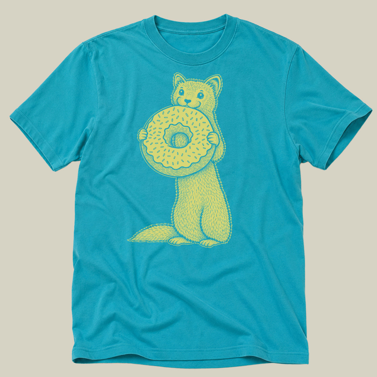 A turquoise blue short-sleeve crewneck t-shirt featuring a graphic of a yellow cartoon weasel holding a yellow donut with sprinkles, displayed flat against a solid light beige background.